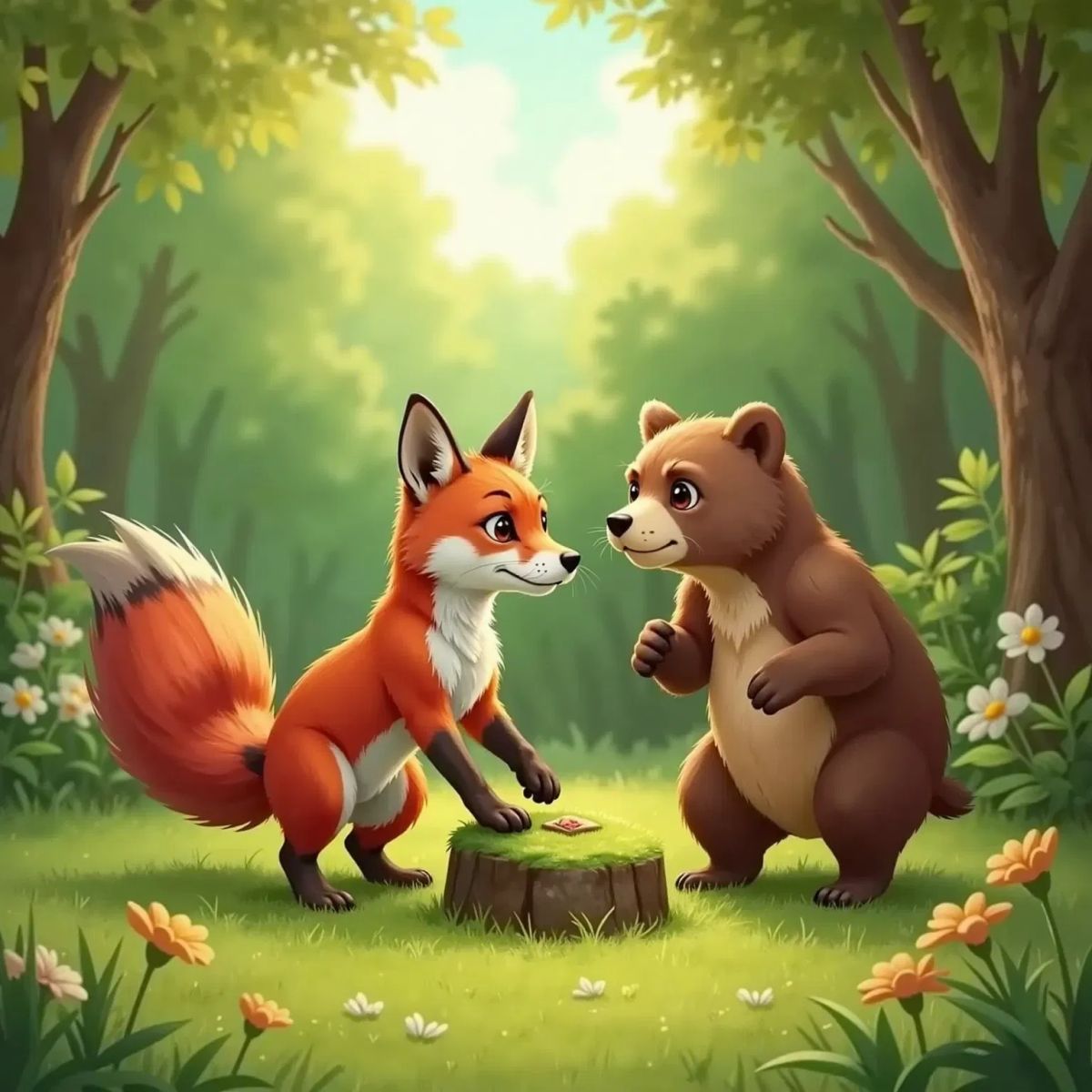 Luna, a red fox with beautiful fur, and Max, a small chubby brown bear, searching under green bushes and on stones in a sunny forest clearing. Luna smiles a tiny bit, Max looks puzzled.