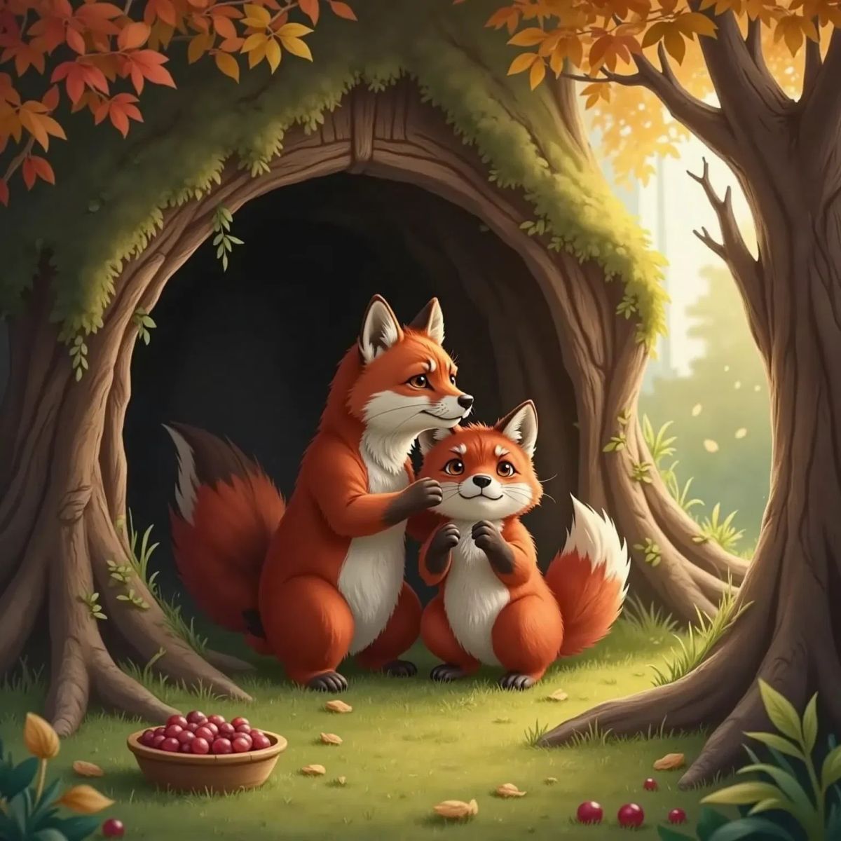 Luna, a red fox with beautiful fur, and Max, a small chubby brown bear, in Max's cozy den. Max looks worried, hugging Luna, who looks sad.