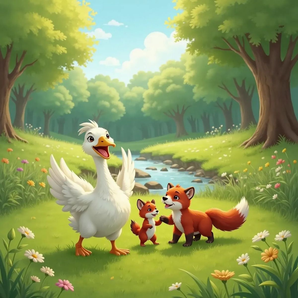 Gigi, a laughing goose with an orange beak, waddling in a silly way on a grassy path. Luna, a red fox with beautiful fur, gives a small smile while holding Max's paw.