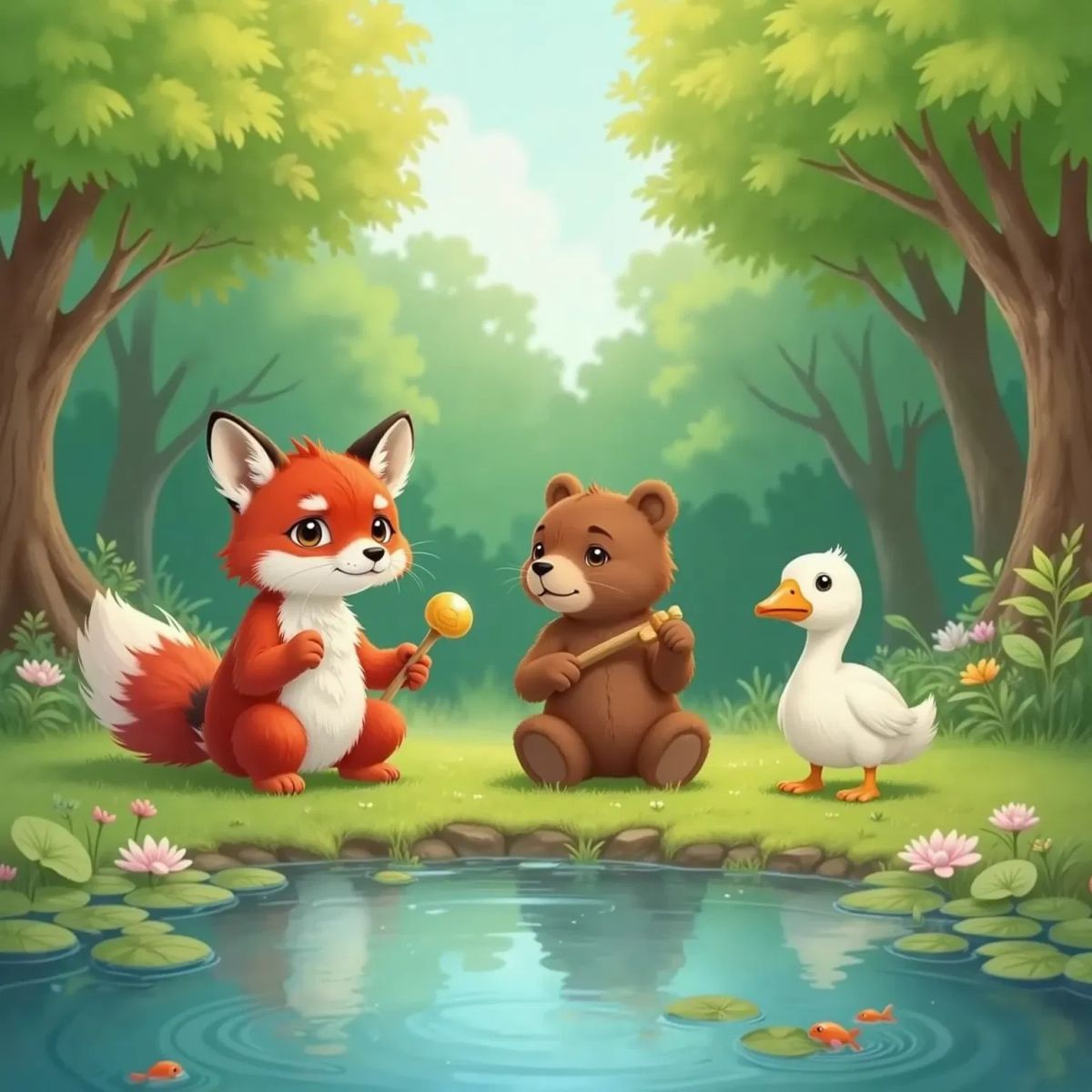 Luna, a red fox with beautiful fur, Max, a small chubby brown bear, and Gigi, a laughing goose with an orange beak, by a blue pond. Gigi looks cheerful, Luna looks hopeful but still sad.