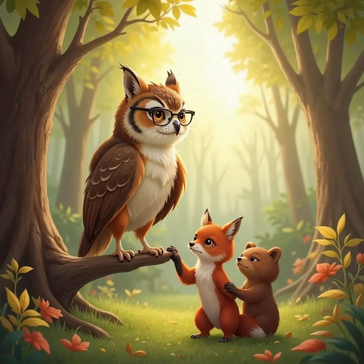 The Wise Owl, an owl with glasses, speaking kindly from her tree branch. Luna, a red fox with beautiful fur, looks thoughtful, ears perked, while Max, a small chubby brown bear, gently holds her paw.