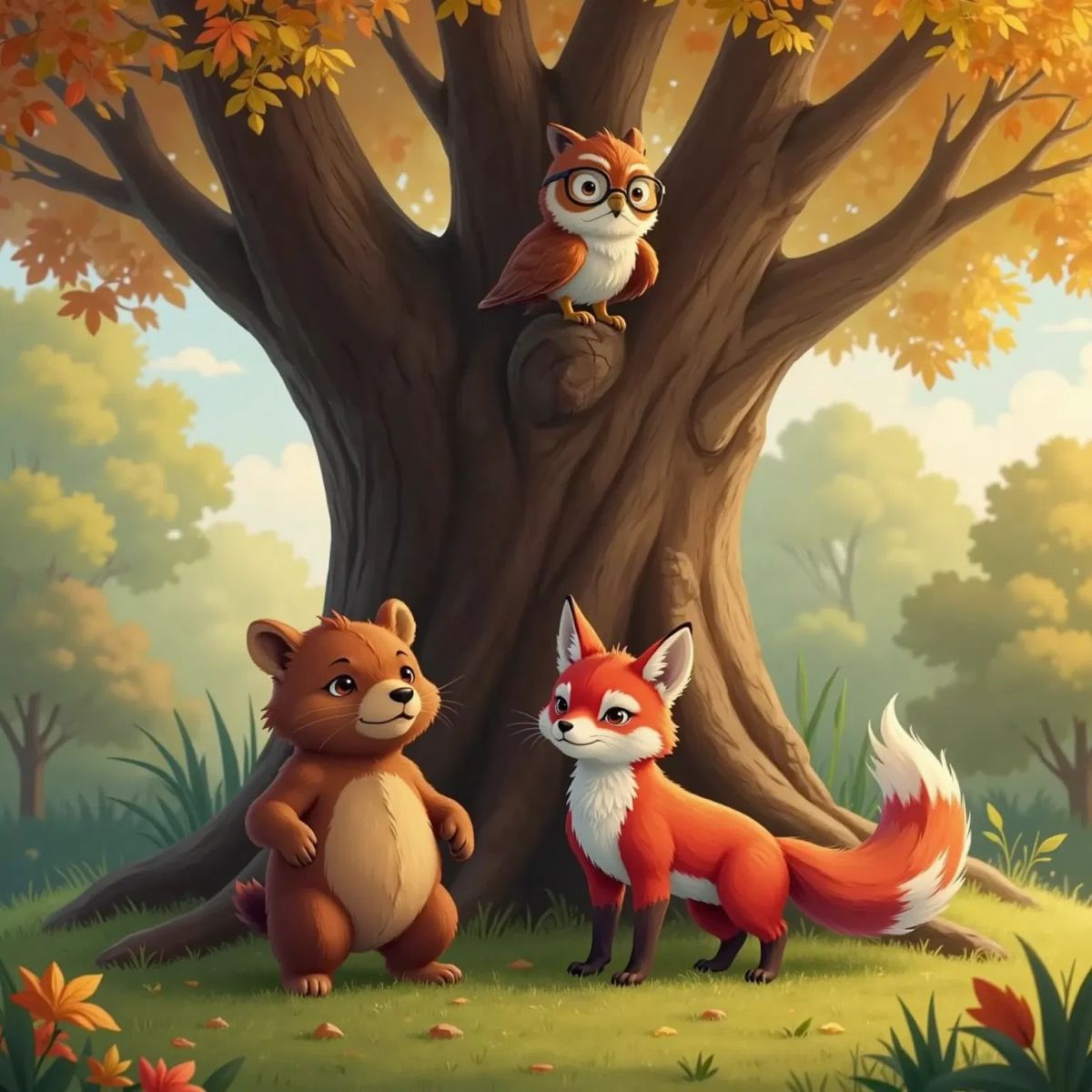 Max, a small chubby brown bear, and Luna, a red fox with beautiful fur, standing in front of an old tree. The Wise Owl, an owl with glasses, perches on a branch above, looking intelligent and calm.