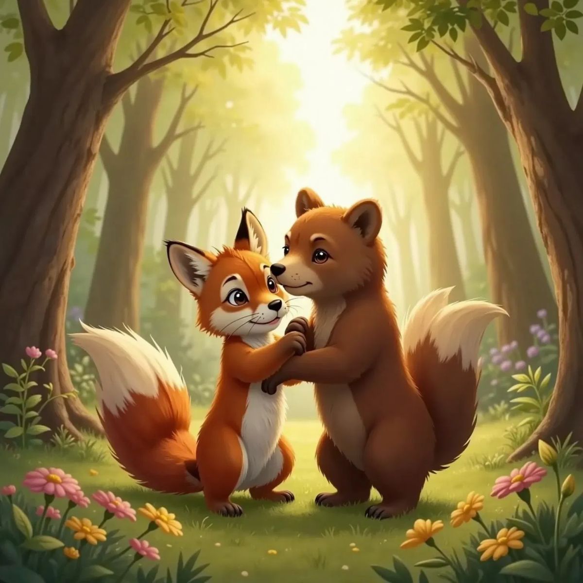 Max, a small chubby brown bear, giving Luna, a red fox with beautiful fur, a big, cozy hug in a sunlit forest. Luna starts to smile, her tail wrapping around Max.