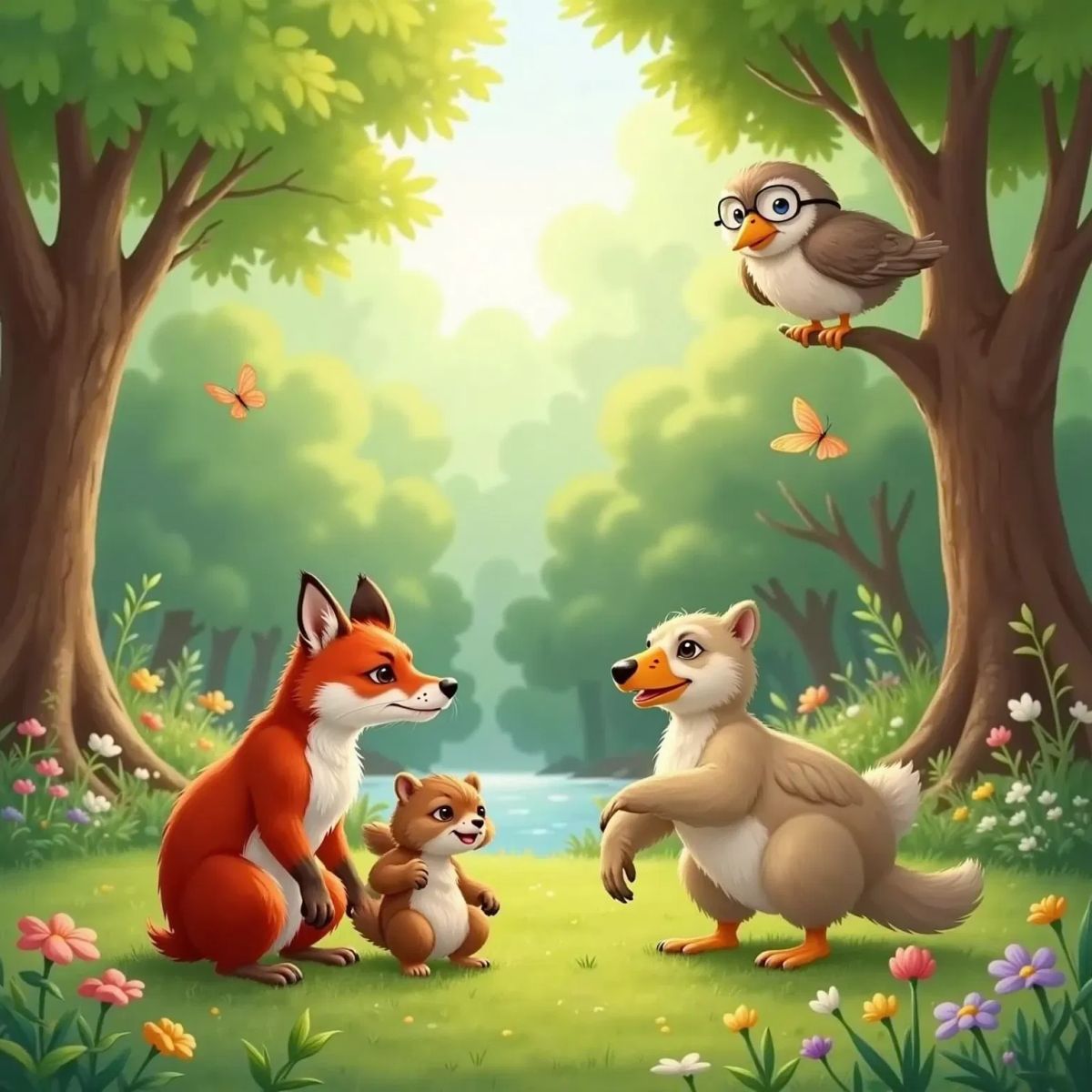Luna, a red fox with beautiful fur, laughing joyfully with Max, a small chubby brown bear, and Gigi, a laughing goose with an orange beak, in a cheerful forest clearing. The Wise Owl, an owl with glasses, smiles from her tree.