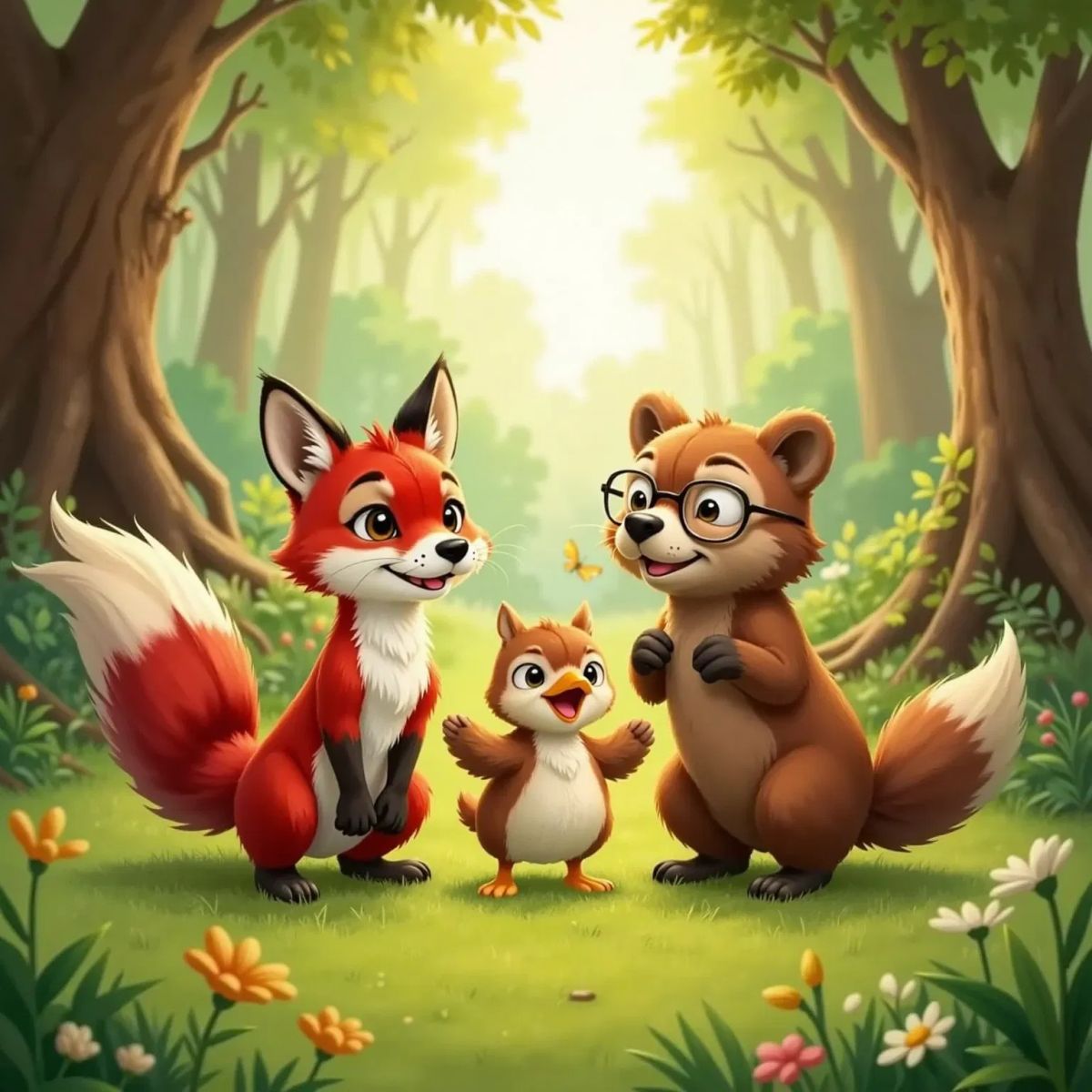 Luna, a red fox with beautiful fur, smiling with her tail swishing, surrounded by Max, a small chubby brown bear, Gigi, a laughing goose with an orange beak, and the Wise Owl, an owl with glasses. All are smiling together in the woods.