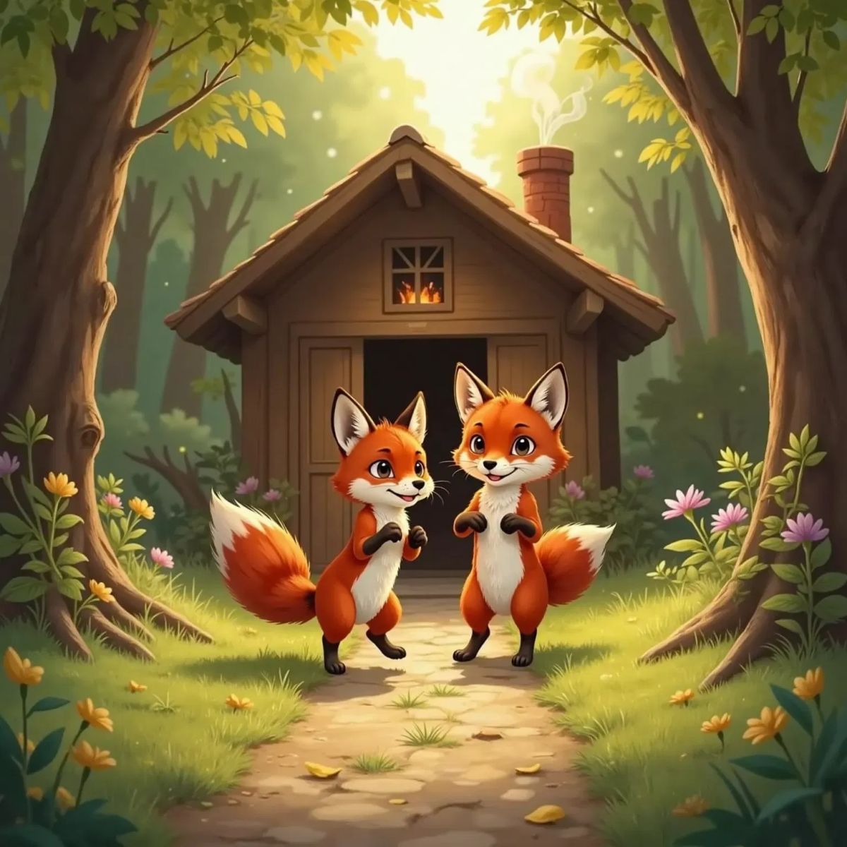 Luna, a red fox with beautiful fur, skipping happily towards a cozy woodland home. Her mother, a red fox with gentle eyes, hugs her at the door, both smiling brightly.