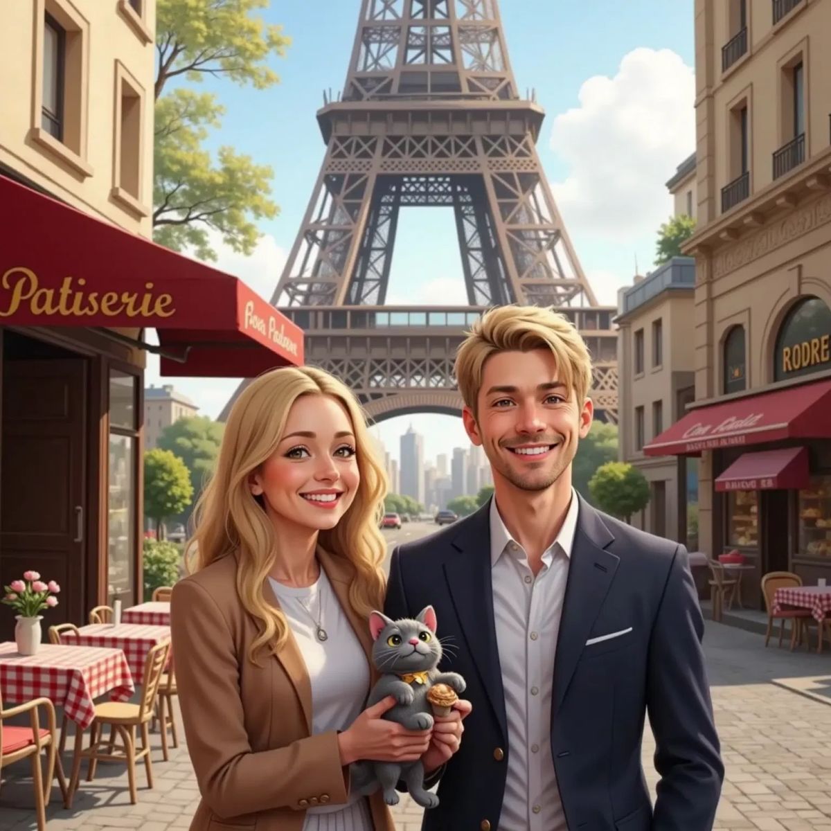 Antonia smiling excitedly in front of the Eiffel Tower, holding a small grey toy cat that resembles Cara. Vlad stands beside her, grinning, with Parisian buildings and a bakery in the background.