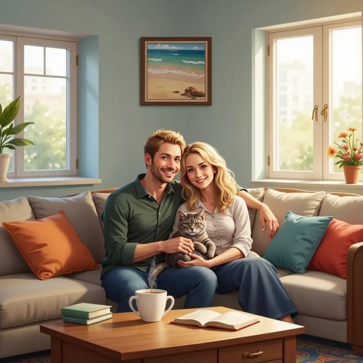 Vlad and Antonia sitting together on a cozy couch in a bright living room, Cara the grey cat curled up contentedly beside them. they are enjoying their time together