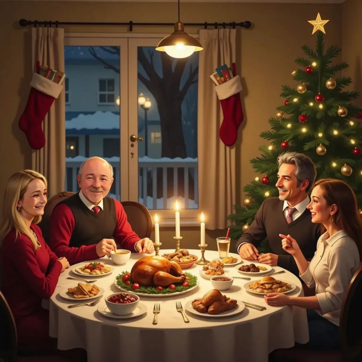 Florin, a 50-year-old man bald, and Cati, a 45-year-old woman with shoulder-length blondehair, sitting at a dining tablewith Vlad 25 yeards old and his partner, Antonia a 25 years ols lady to the Christmas dinner
