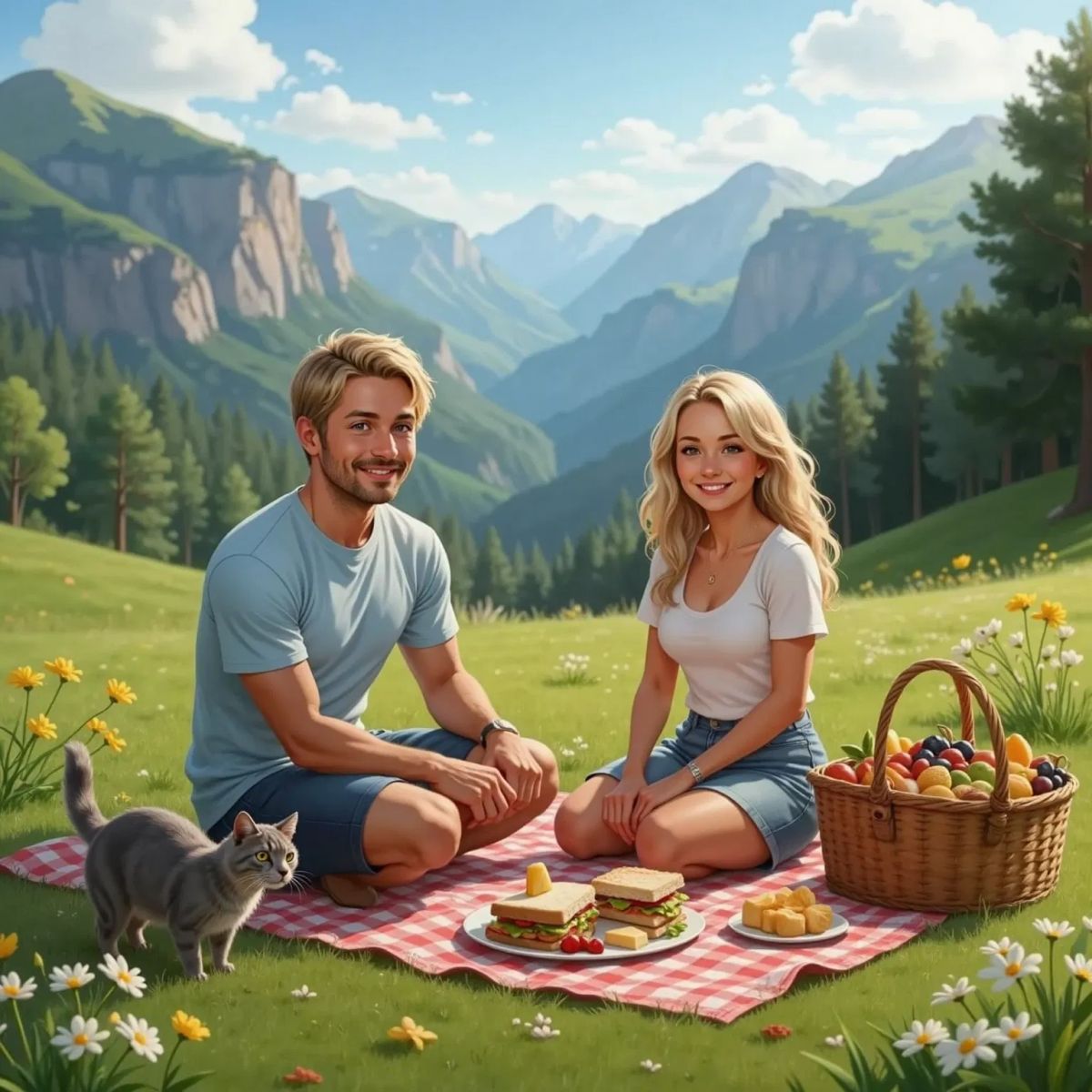 Vlad and Antonia sitting on a picnic blanket on a sunny mountain meadow, with a basket of sandwiches and cheese. Cara the grey cat sniffs at a piece of cheese near white wildflowers.