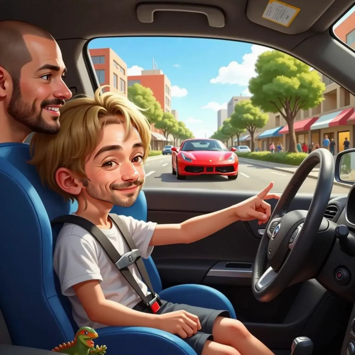 Miles sitting in a car seat, excitedly pointing out the window at a shiny red car parked outside. Dad, a 38-year-old man with short brown hair, smiles at him from the driver's seat. City street visible through the car windows.