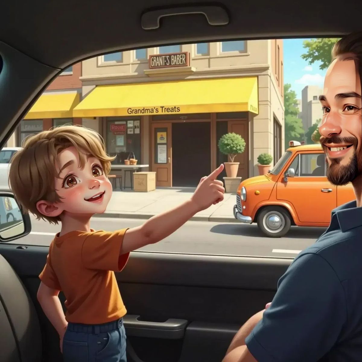 Miles, grinning, points at an orange truck parked in front of a bakery with a yellow taxi nearby. Dad, smiling proudly, gives Miles a high-five inside the car. The bakery storefront and city street are in the background.