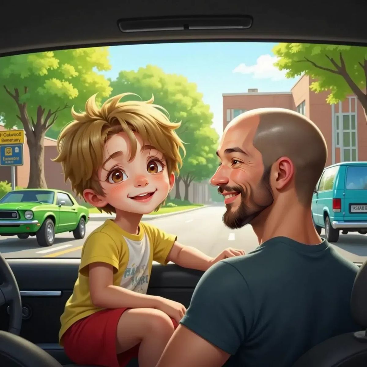 Miles, eyes wide and happy, looking out the car window at a green car near a park and a blue van parked by a school. Dad, still in the driver's seat, laughs with pride. Trees and a school building in the background.