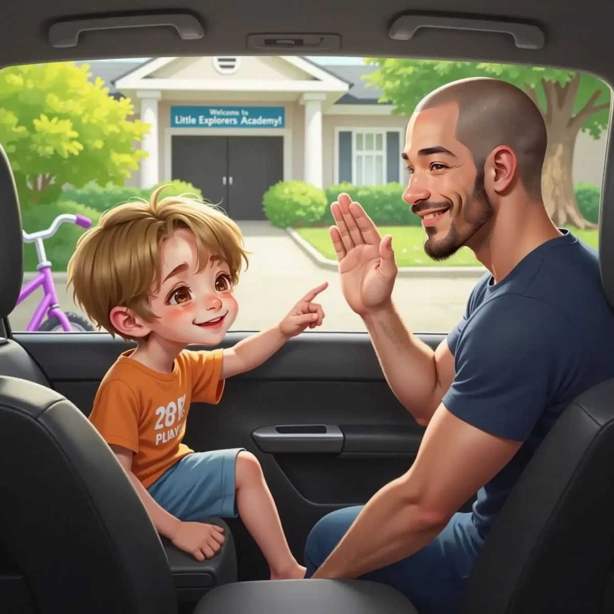 Miles, grinning with excitement, points at a purple bicycle partially hidden behind a tree. Dad, smiling and clapping, shares a high-five with Miles inside the car. The school entrance and tree are visible outside the window.