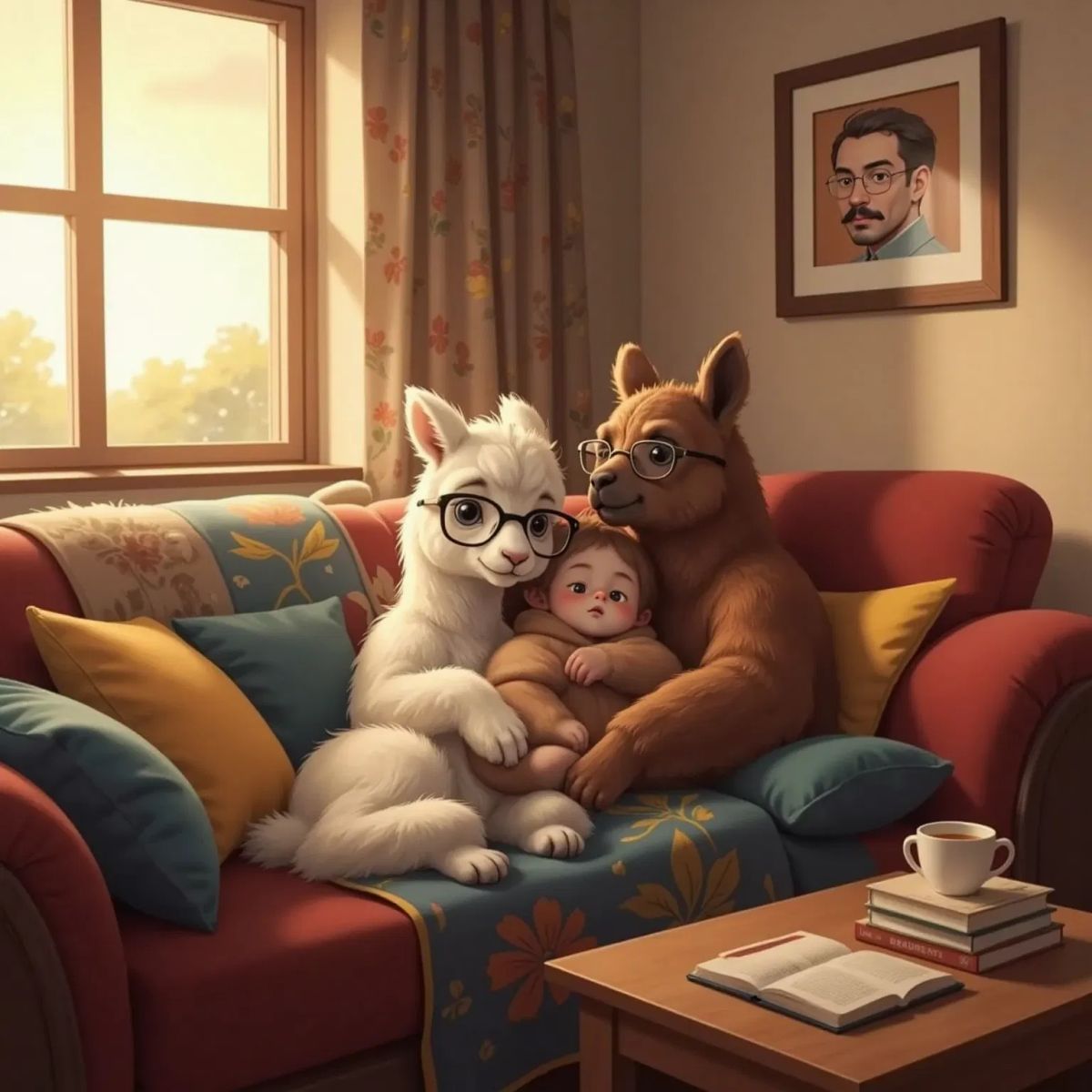 Emma the Llama with black glasses snuggled on a couch with Mama Llama and Papa Llama. Mama kissing Emma's head, soft sunset light through the window.