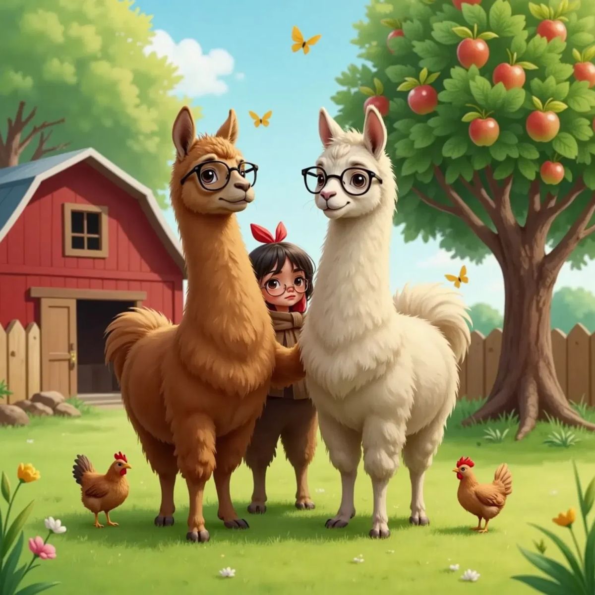 Mama Llama with glasses and Papa Llama smiling kindly, standing beside Emma the Llama with black glasses. The three llamas are together in a sunny farmyard.