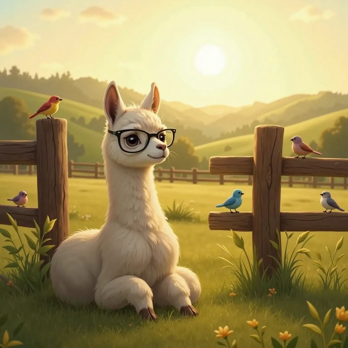 Emma the Llama with black glasses sitting by a wooden fence, looking hopeful and sighing. Birds perched nearby and a golden sunrise in the background over a quiet farm.