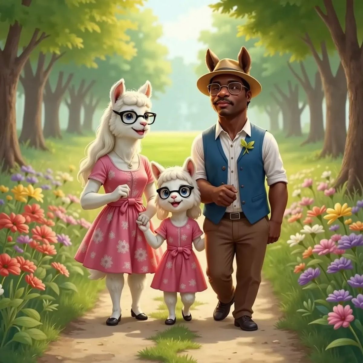 Dad is brown and Emma and mama are white llama. Emma the Llama with sparkling black glasses walking between Mama Llama and Papa Llama along a flower-lined path. Emma is giggling, Mama Llama hugging her close.