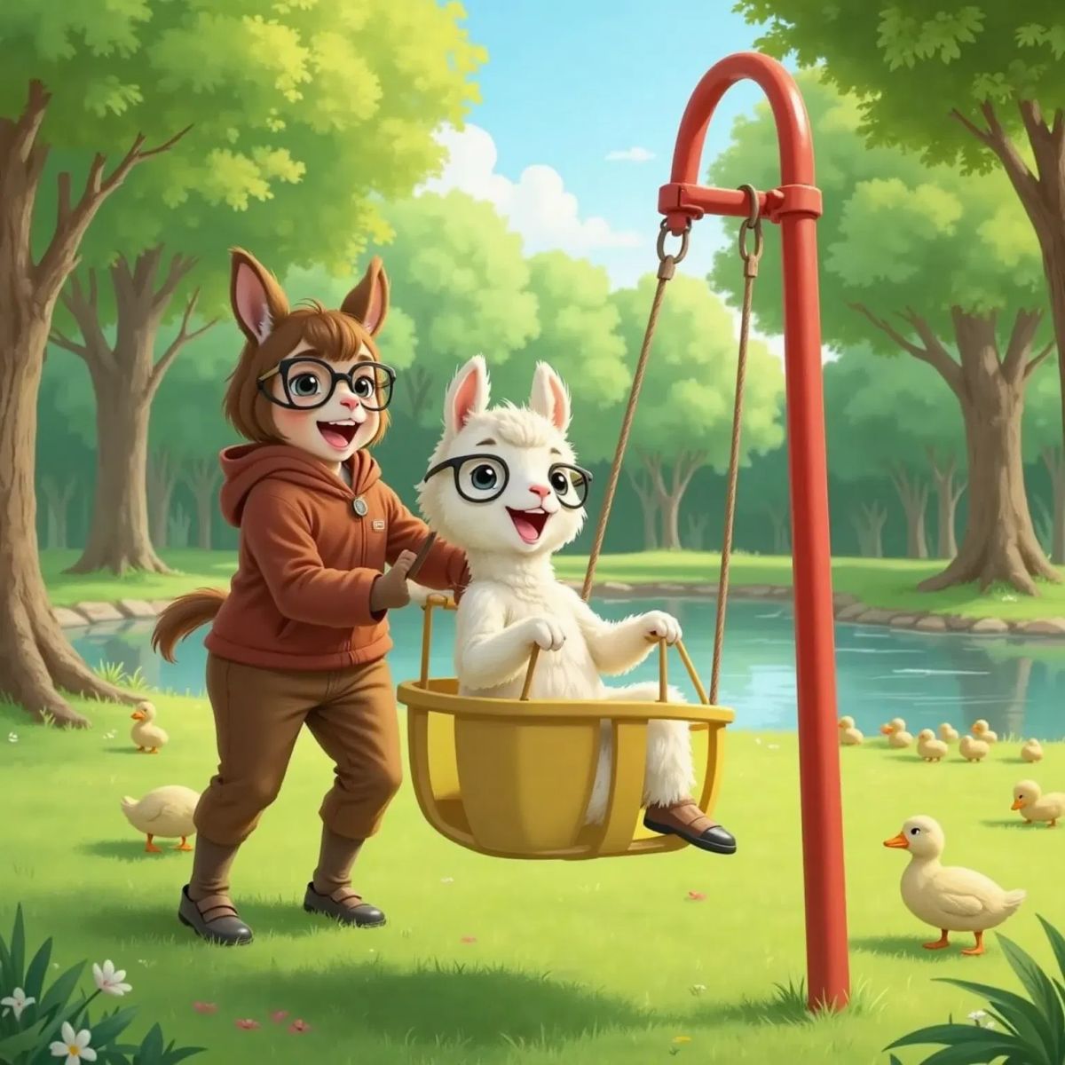 Emma the Llama laughing on a swing in a sunny park, Mama Llama gently pushing her. Ducks near a pond and leafy trees in the background.