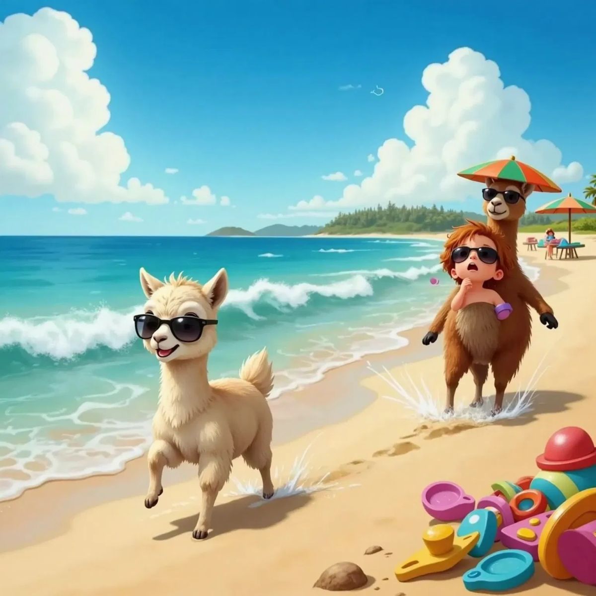 Emma the Llama with black glasses running on a sandy beach, Mama Llama and Papa Llama splashing behind her. Waves and a bright sky in the background.