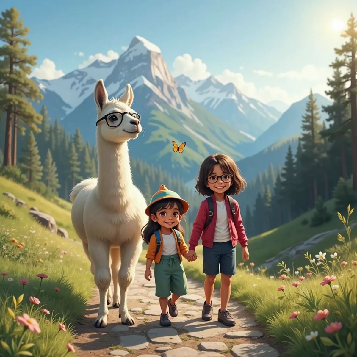 Emma the Llama wearing a little hat, smiling wide on a rocky hiking path with Mama Llama and Papa Llama. Butterflies fluttering nearby and mountain scenery behind.
