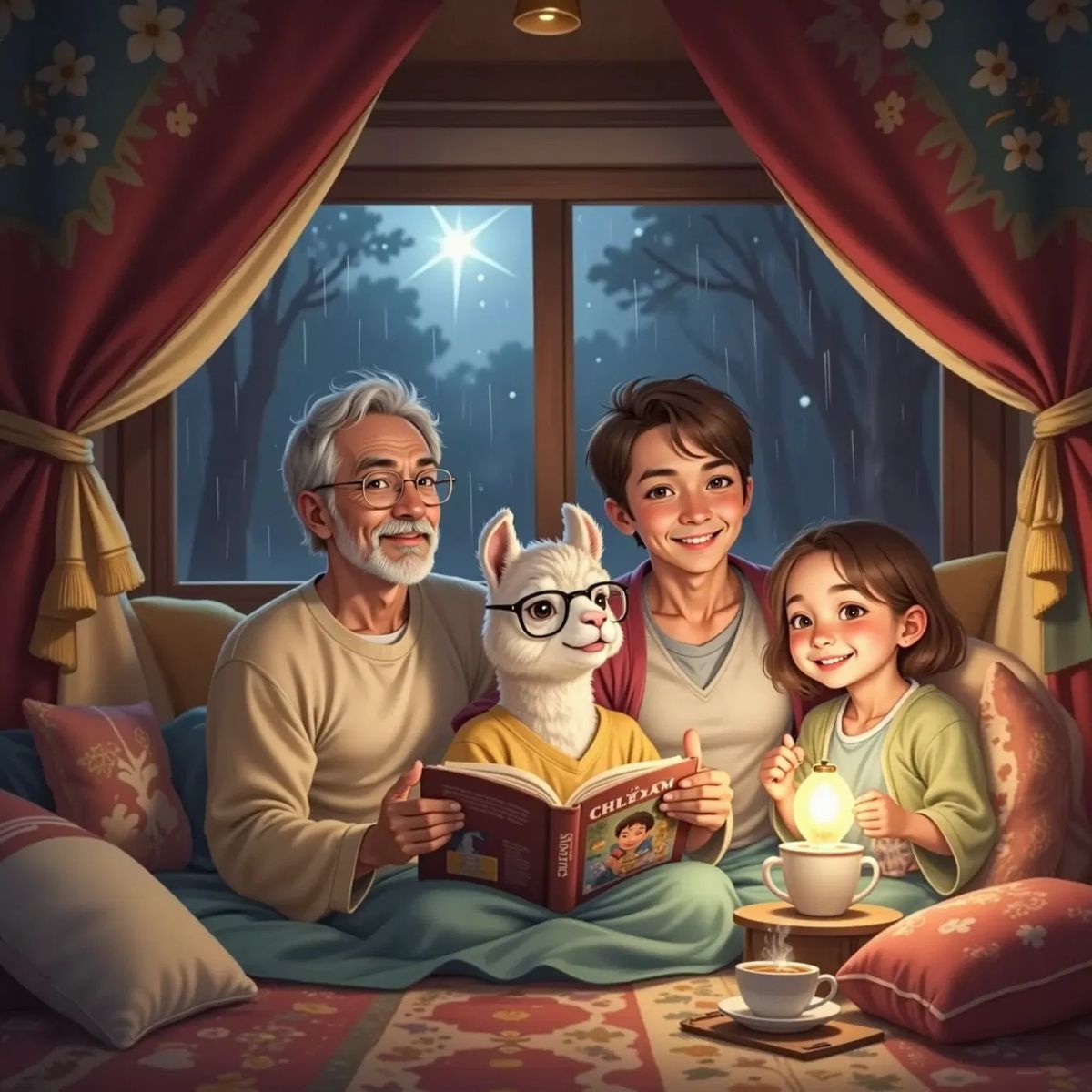 Emma the Llama with black glasses snuggled under a blanket fort with Mama Llama and Papa Llama, a book open in Papa's hooves. Raindrops on the window and cozy lighting.