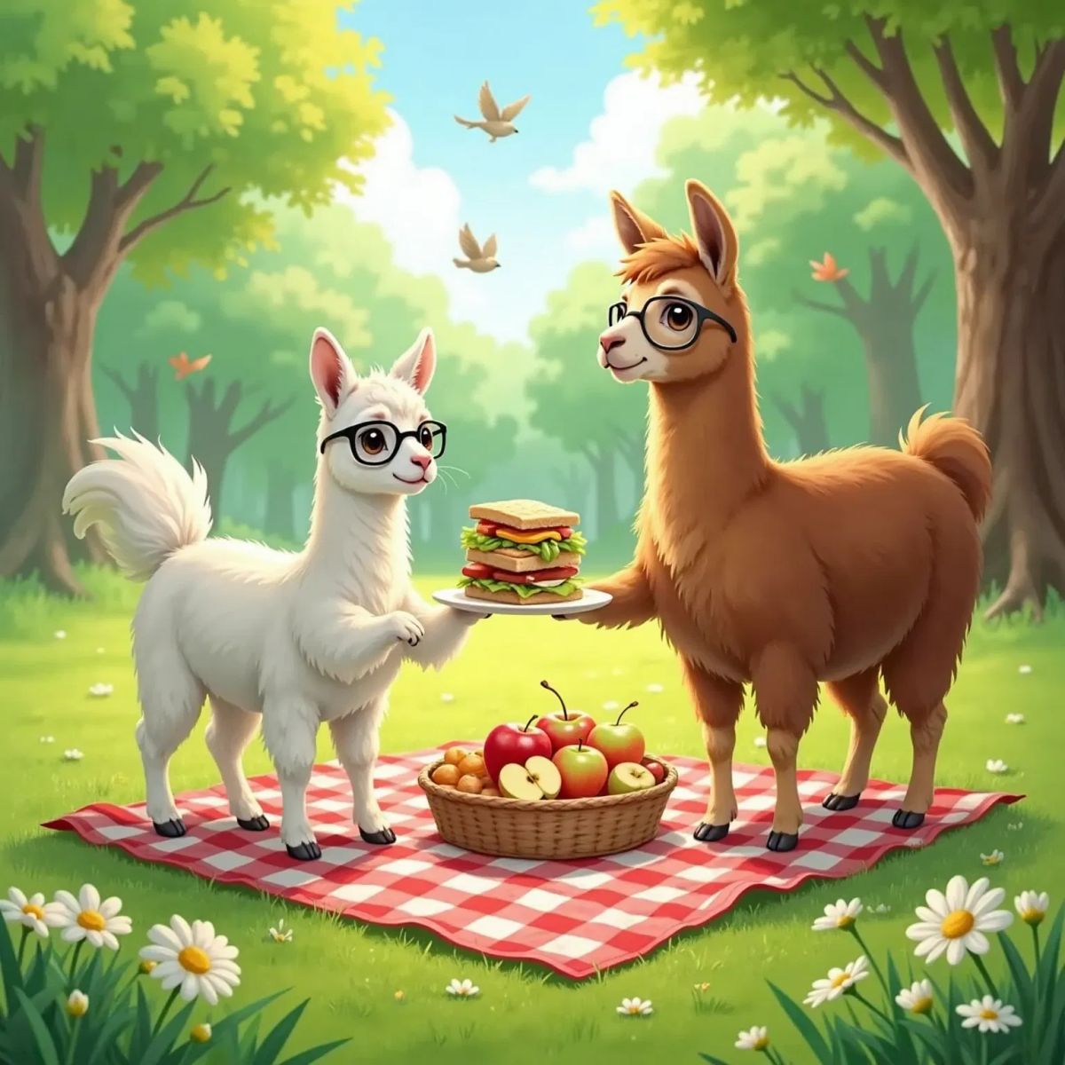 Emma the Llama with black glasses carrying sandwiches to a picnic blanket at the park. Mama Llama offering apple slices, birds chirping in the sunny background.