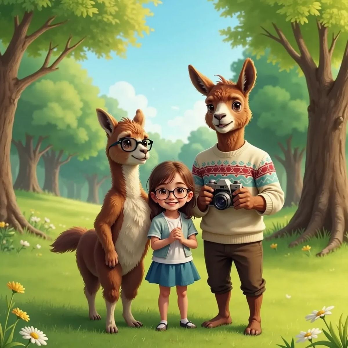 Papa Llama holding a camera, Emma the Llama with black glasses standing between Mama Llama and Papa Llama. All smiling big for a family photo in a green park.