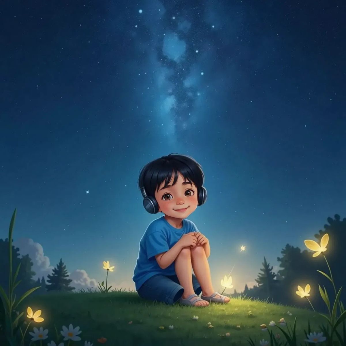 Luca sitting on grass at night, wearing headphones, gazing up at a star-filled sky with a gentle smile, hugging his knees. The atmosphere is calm and quiet.