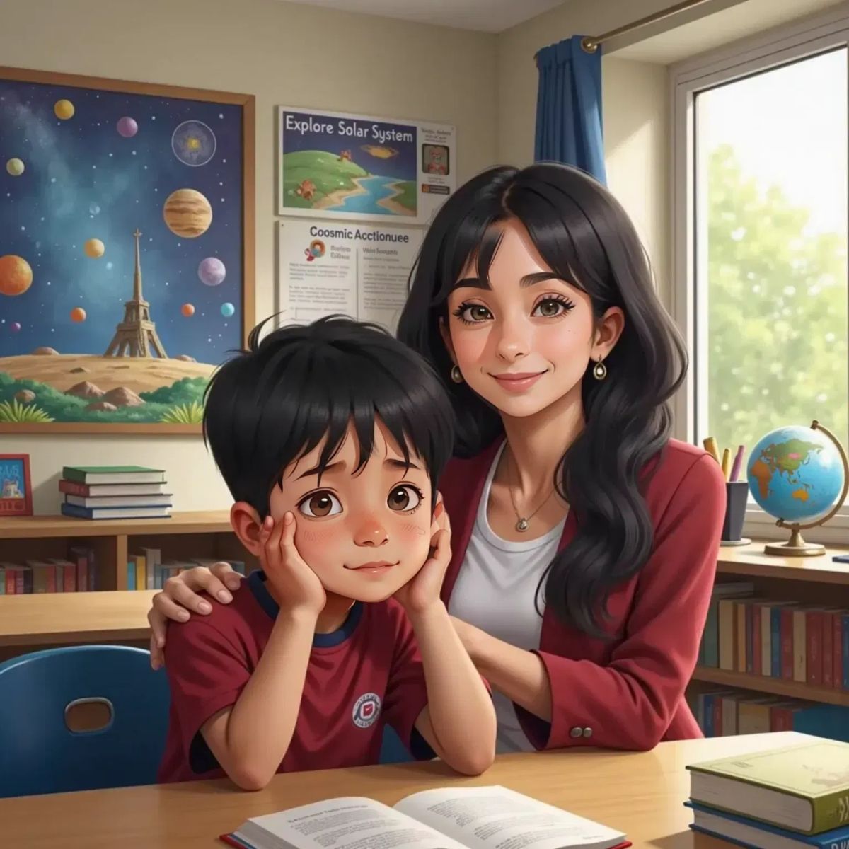 Ms. Emery with long black hair, smiling, stands at the front of a bright classroom decorated with space posters. Luca sits at his desk, hands covering his ears, looking anxious. Ms. Emery kneels beside him, offering comfort.