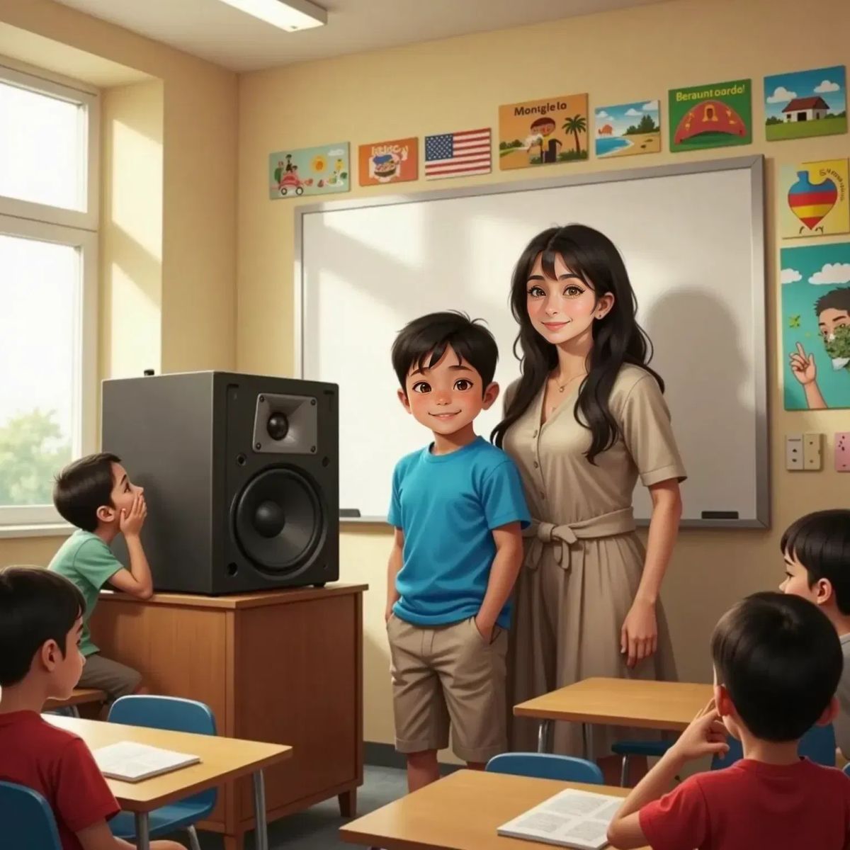 Luca standing beside a speaker at the front of a classroom, smiling shyly. Ms. Emery stands nearby, smiling encouragingly. Classmates sit in the background, one boy whispering to another.
