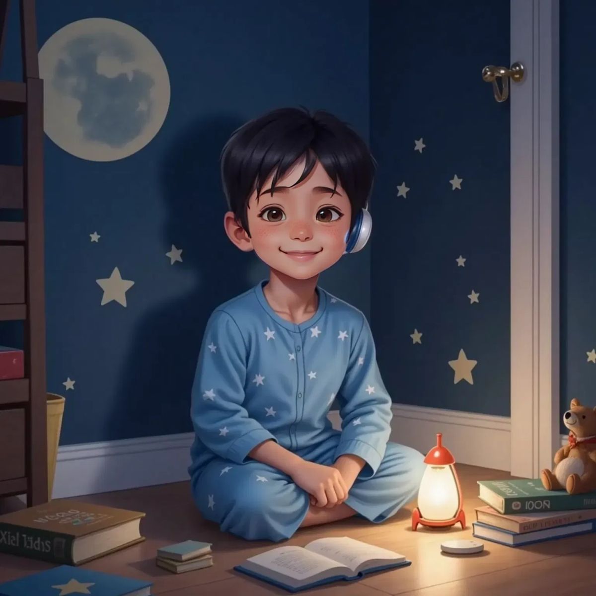 Luca sitting cross-legged on his bedroom floor at night, headphones on, surrounded by glowing star stickers on the walls. He hums softly, eyes closed, with a proud smile.