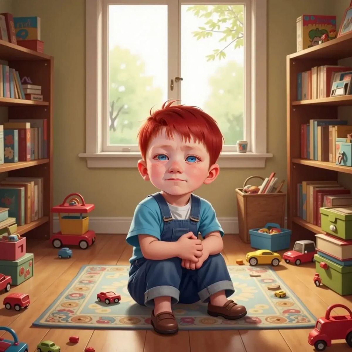 Isaac sitting by a window, hugging his knees, sunlight streaming in, his room filled with toys and books, with a soft, overwhelmed expression on his face.