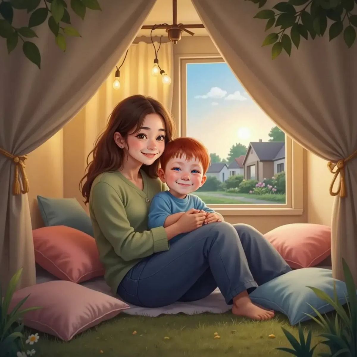 Isaac snuggled in his mom's arms inside a cozy tent filled with soft pillows, dim lights, and a gentle breeze coming through the window. Isaac has a small, relieved smile.