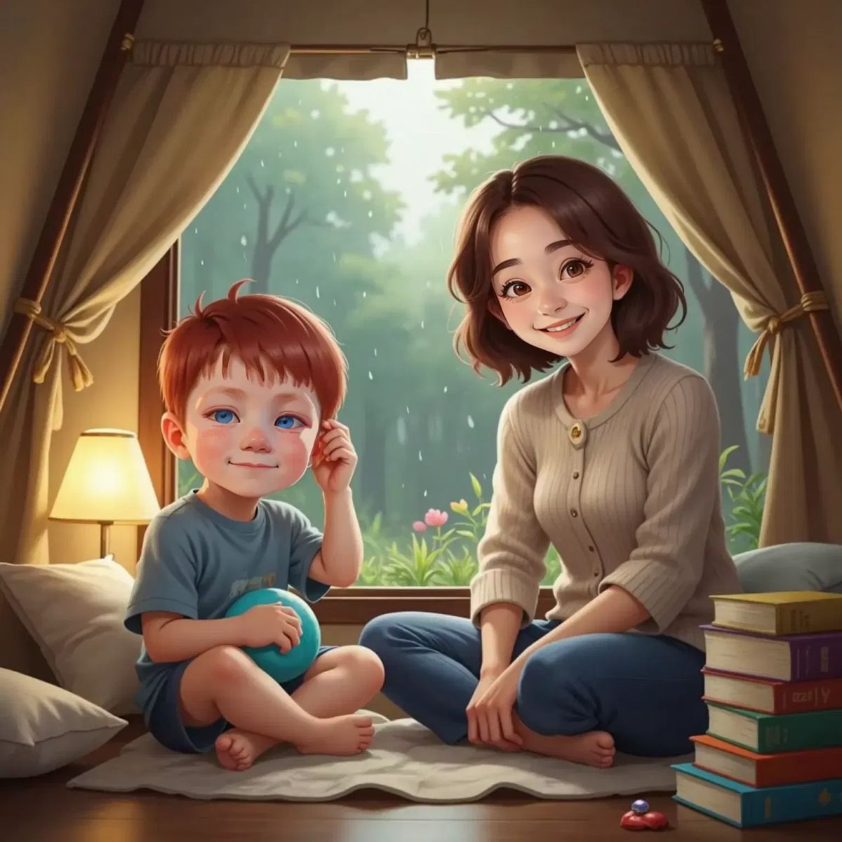 Isaac squeezing a bright blue squishy toy, sitting in his cozy tent with his mom beside him. Both are calm, with Isaac rubbing his red hair. Rain softly patters against the window in the background.