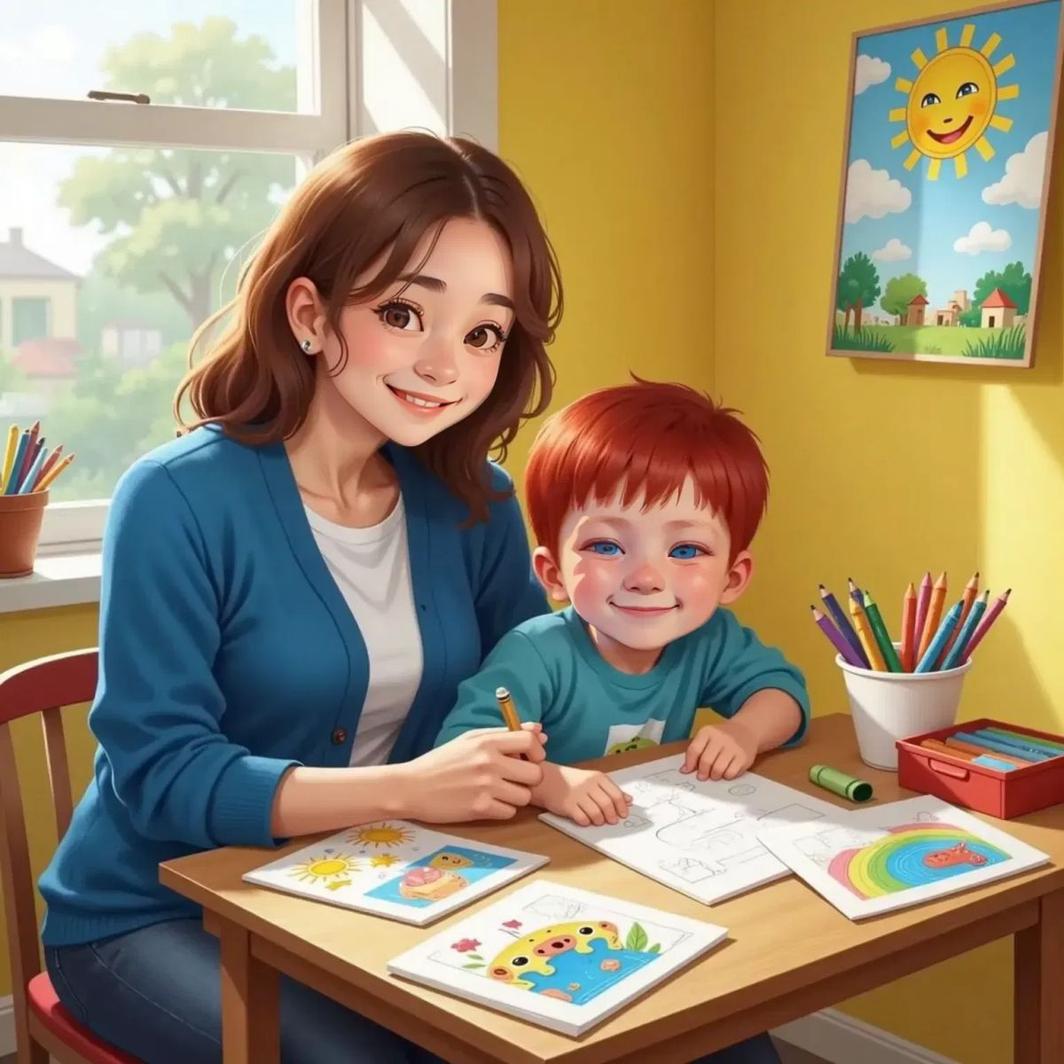 Isaac grinning as he draws colorful pictures at a small table, his mom watching with a proud smile. Art supplies and bright drawings scattered around.