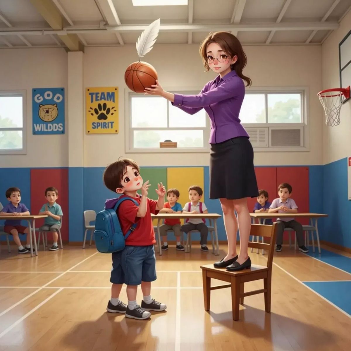 Mrs. Wright standing on a chair, arms outstretched, holding a feather and a basketball above the floor. Miles and two classmates look up, counting with anticipation.