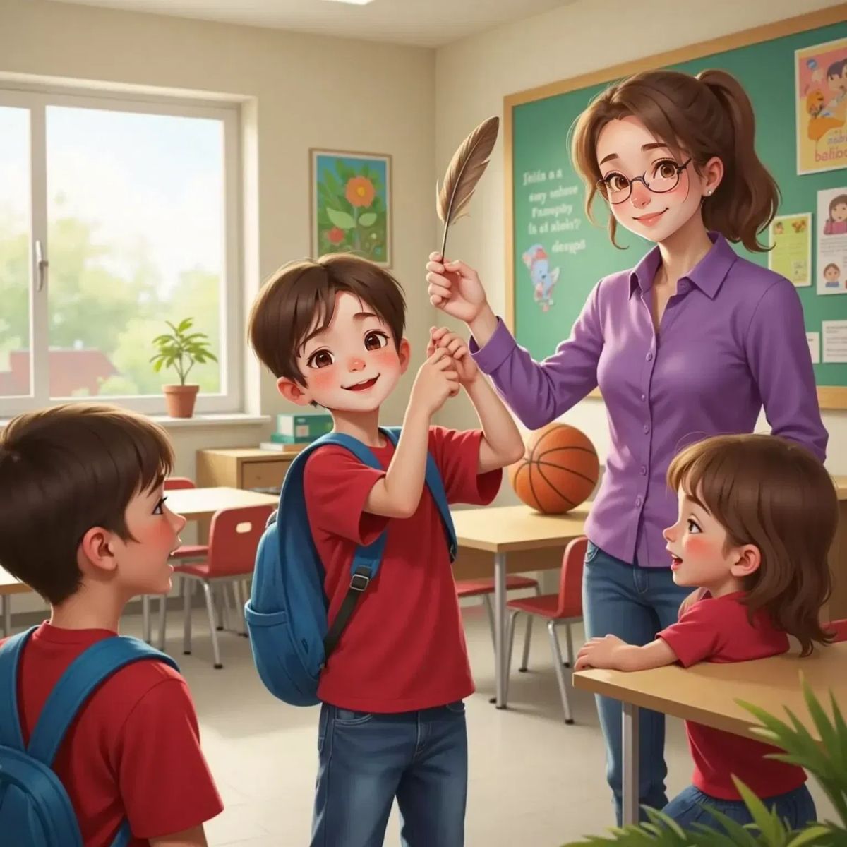 Miles giggling while holding a feather, surrounded by classmates. Mrs. Wright stands nearby, smiling, with a basketball on the table.