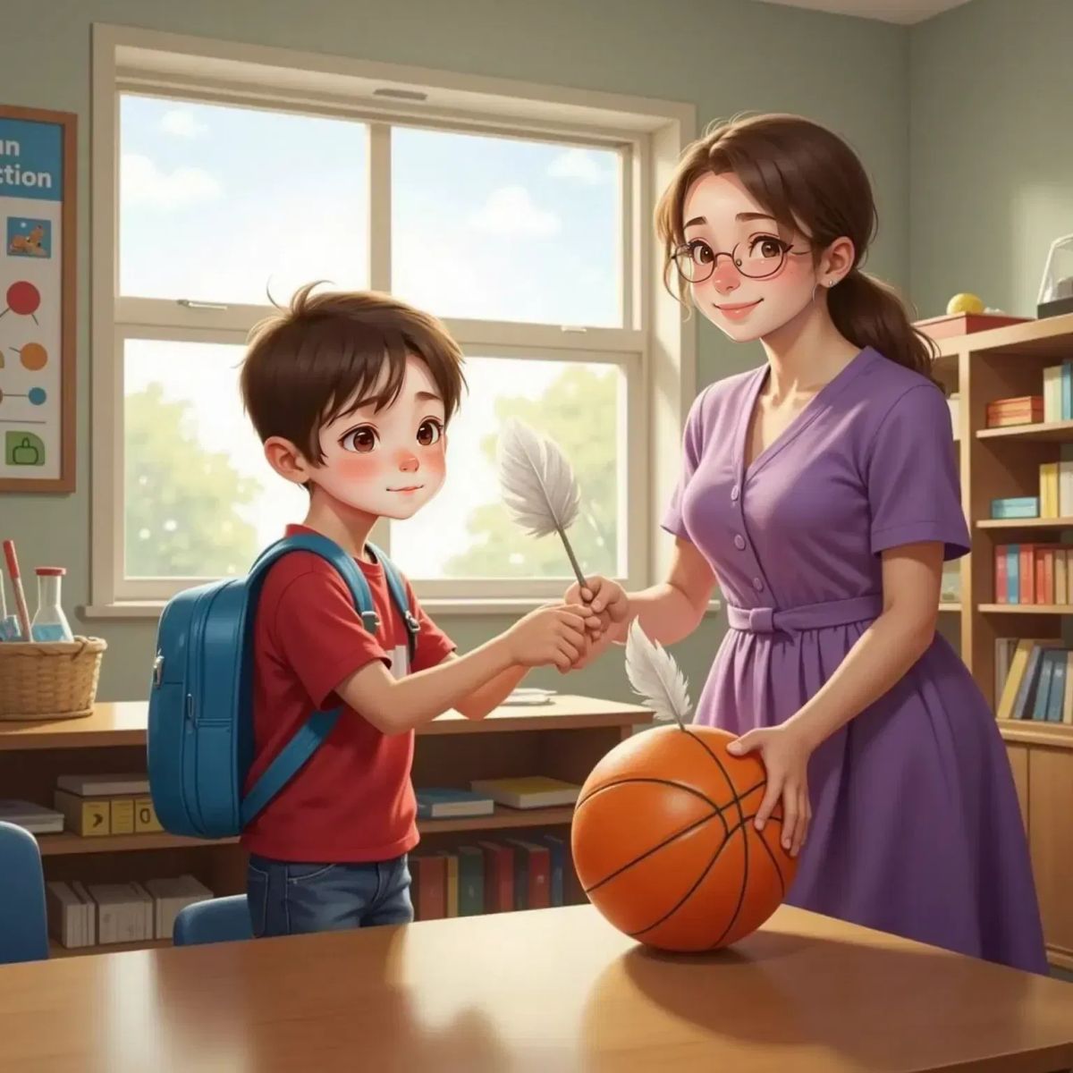 Miles standing by a table, dropping a feather and a basketball with focused expression. Mrs. Wright, smiling, stands nearby observing.