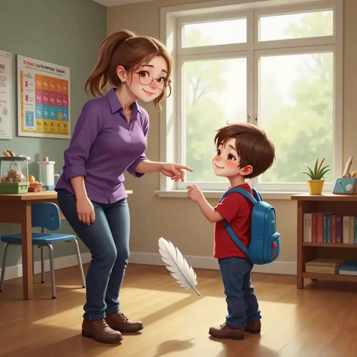 Miles watching a feather slowly descending to the floor, his eyes full of wonder. Mrs. Wright stands beside him, explaining with a gentle smile.