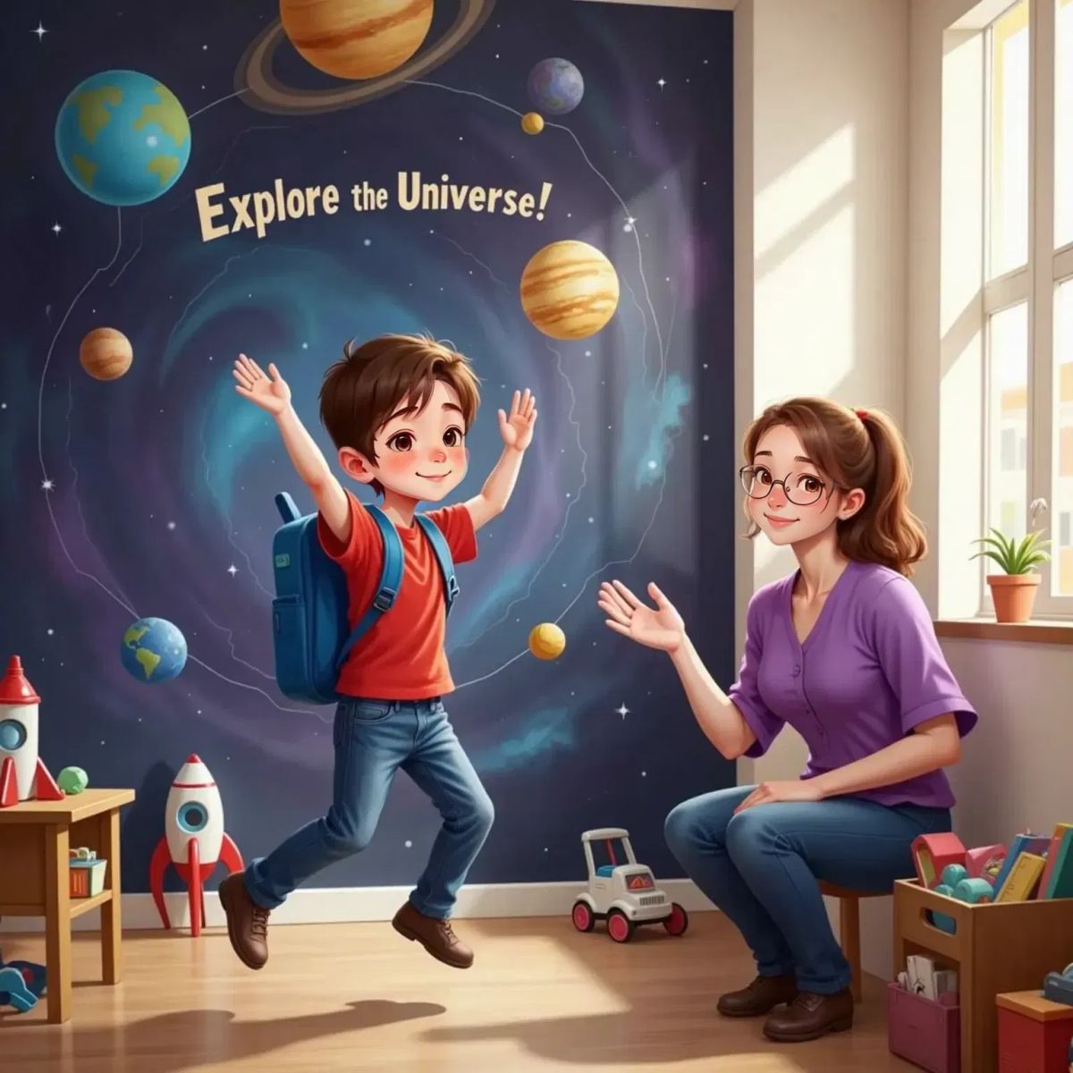 Miles pretending to bounce like an astronaut, arms raised and grinning. Mrs. Wright clapping, with a starry space poster in the background.