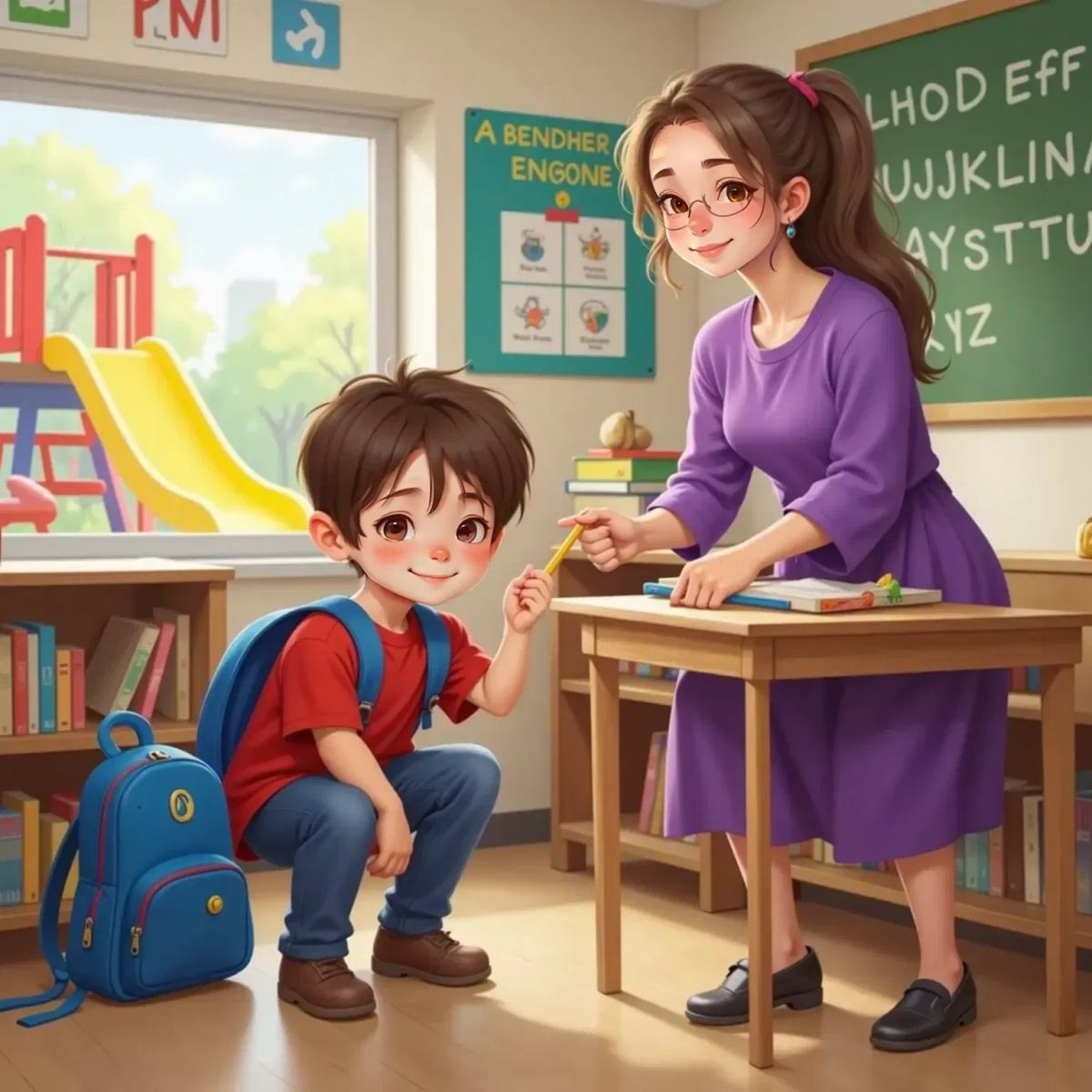 Miles kneeling to pick up a pencil from the classroom floor, pointing at it with a proud smile. Mrs. Wright points to a window showing a playground slide outside.