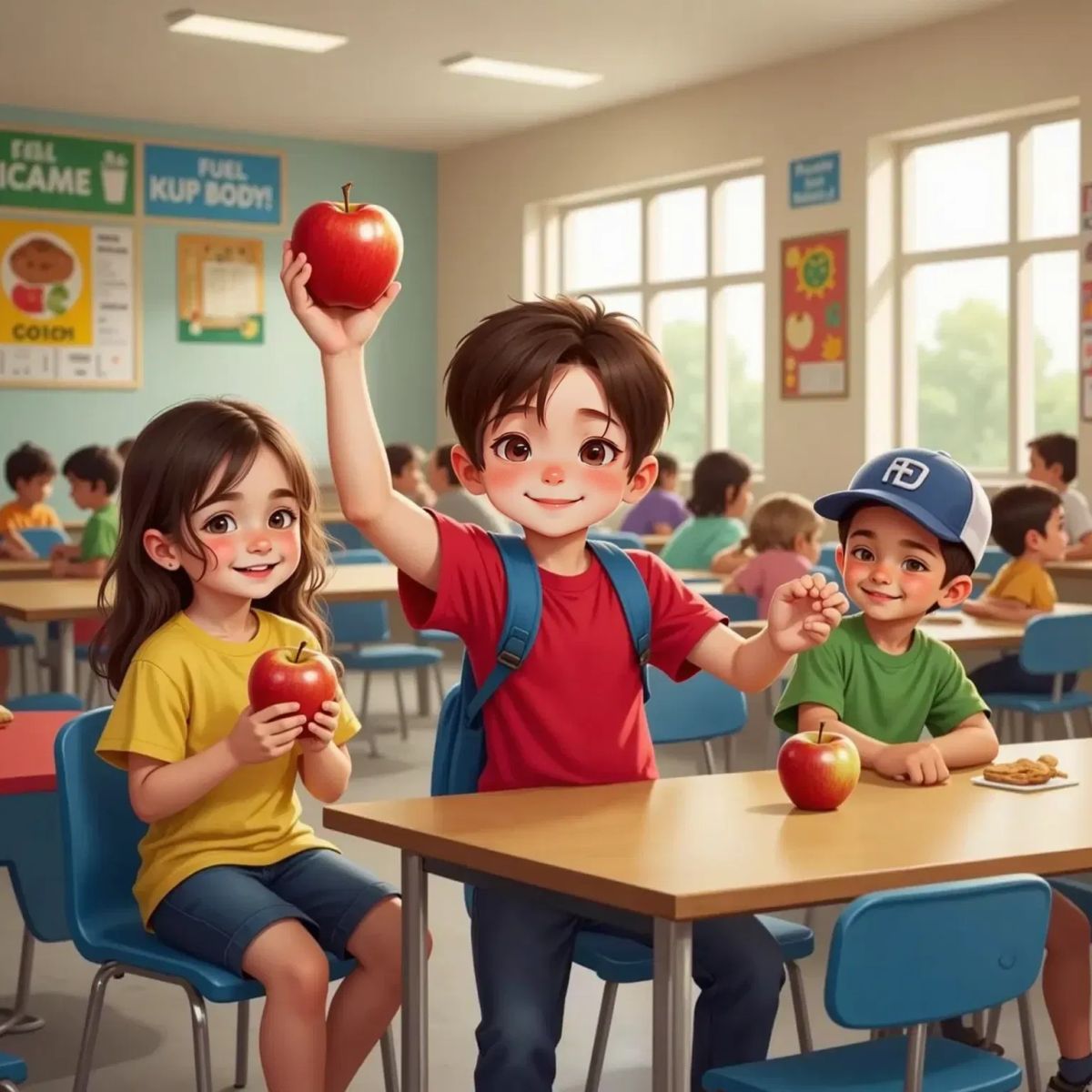 Miles at a lunch table with friends, holding up an apple and grinning. Two friends smile, apples in hand, with a lunchroom background.