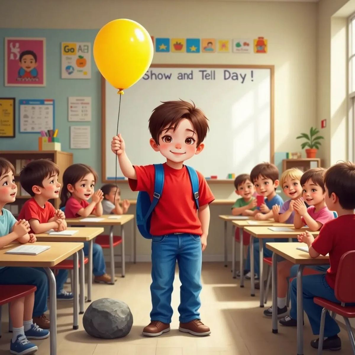 Miles standing in front of the class, holding a balloon in one hand and a rock in the other. The balloon floats upward as the rock rests at his feet. Classmates clap and smile.