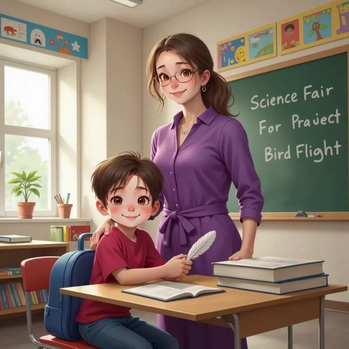Mrs. Wright, beaming with pride, stands beside a grinning Miles at his desk. Science books and a feather are on the desk, with a classroom background.