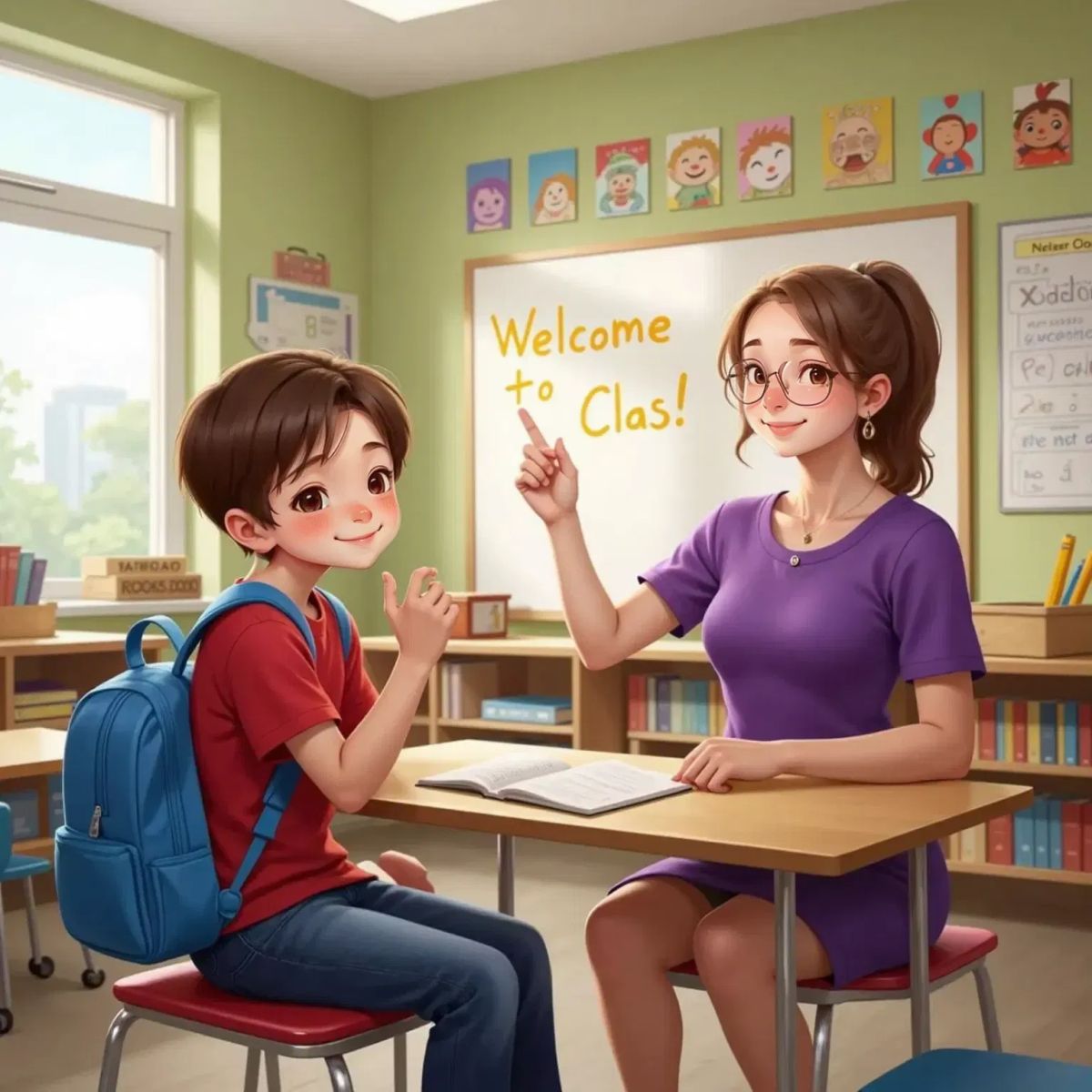 Miles sitting at his desk in a bright classroom, raising his hand eagerly. Mrs. Wright, a smiling 30-year-old woman with brown hair in a bun, wearing a blue cardigan and glasses, stands at the front of the classroom.