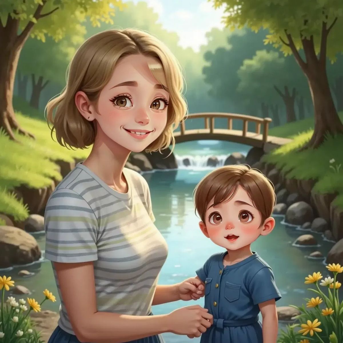 Mum, a smiling 36-year-old woman, holding hands with a laughing Phoebe, a 1-year-old girl, as they stand by a sparkling blue creek with green grass and trees in the background.