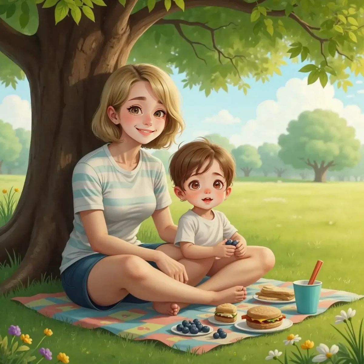 Mum sitting cross-legged on soft green grass under a leafy tree, making a silly face at a giggling Phoebe who sits beside her. A picnic blanket with snacks is spread out nearby.