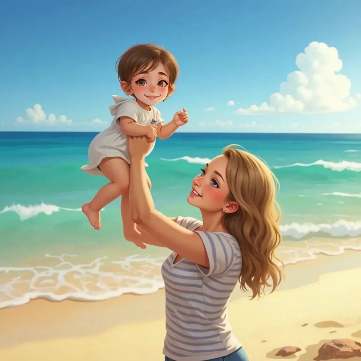 Mum lifting a joyful Phoebe up in her arms on golden sand at Palm Beach, gentle foamy waves rolling in behind them, both smiling with the ocean and blue sky in the background.
