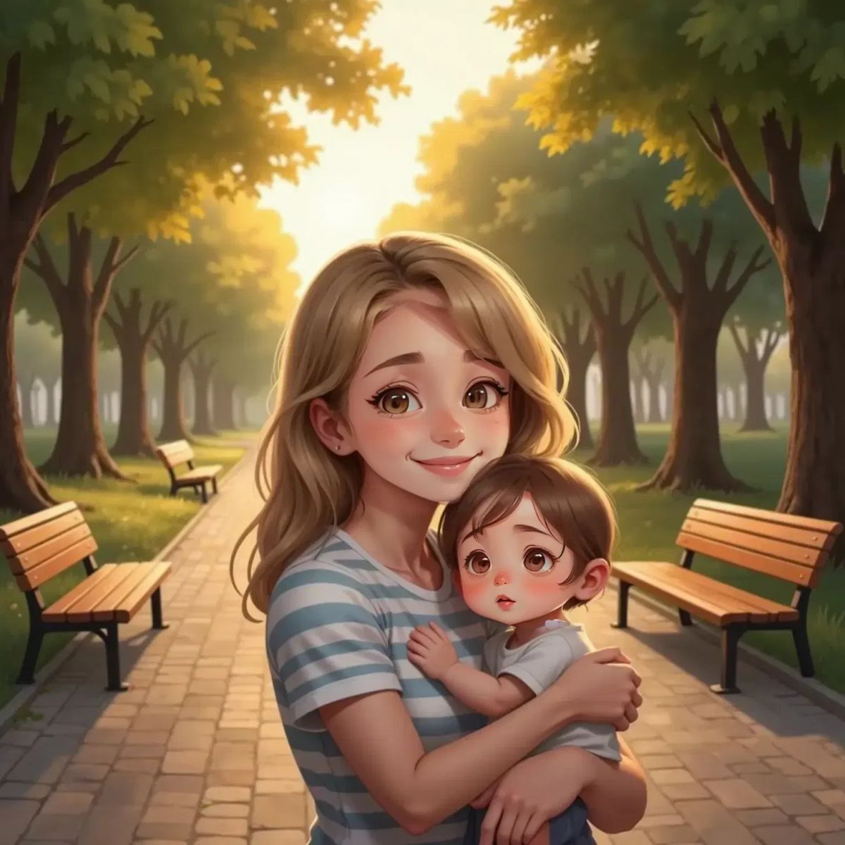 Mum hugging a sleepy Phoebe in a quiet park at sunset, warm orange light filtering through the trees and a peaceful atmosphere surrounding them.
